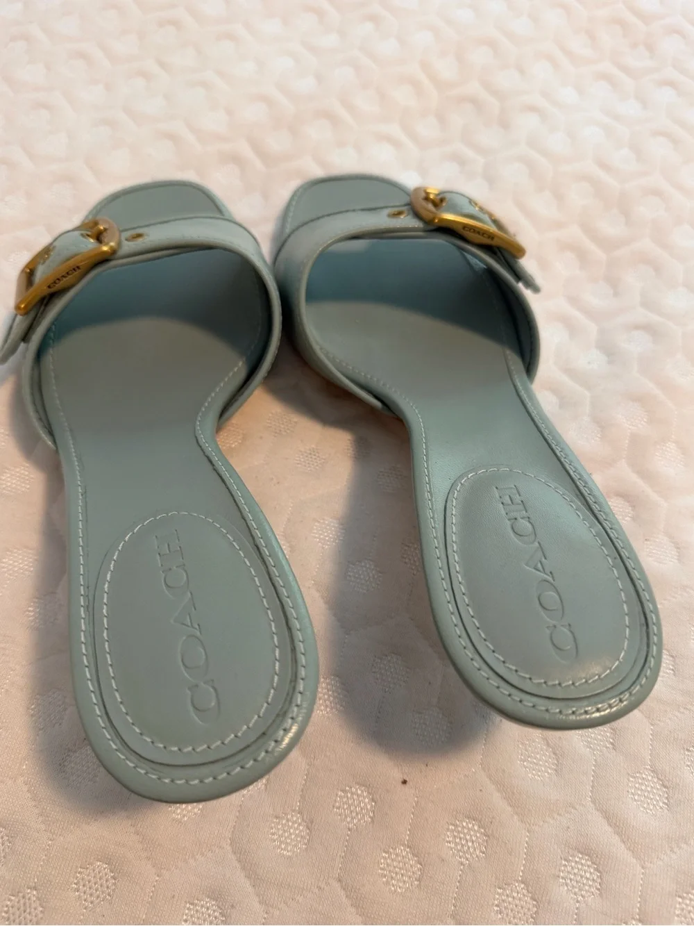 Coach Light Blue Leather Buckle Mule Heels - Picture 4 of 8